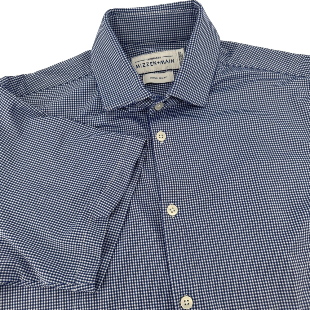 Mizzen+Main Spinnaker Blue Gingham Short Sleeve Trim Fit Dress Shirt Mens Medium